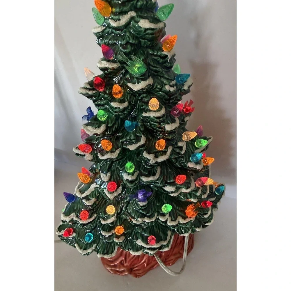 Vintage 1987 Lighted Ceramic Christmas Tree Snow Flocked Multi Color Bird Bulbs